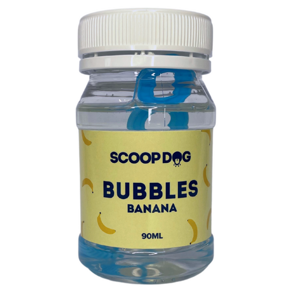 Bottle of Scoop Dog Bubbles Banana flavor on a white background