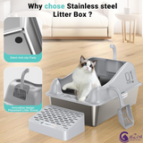 CatZest Fashion Cute Stainless Steel Cat Kitty Litter Box with Lid, High Walls Enclosed, Non-Stick, Leak-Proof & Effortless Cleaning