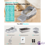 CatZest Fashion Cute Stainless Steel Cat Kitty Litter Box with Lid, High Walls Enclosed, Non-Stick, Leak-Proof & Effortless Cleaning