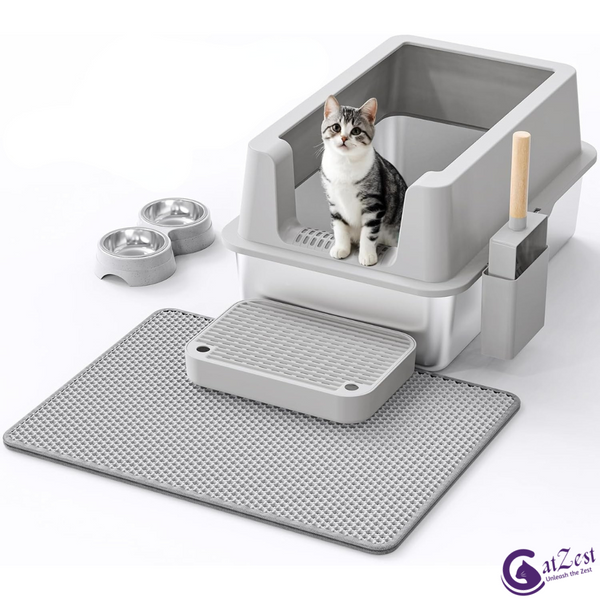 CatZest Stainless Steel Extra Large Cat Litter Box with High Sides – Leakproof, Easy Clean, Includes Scoop Footboard & Detachable Base