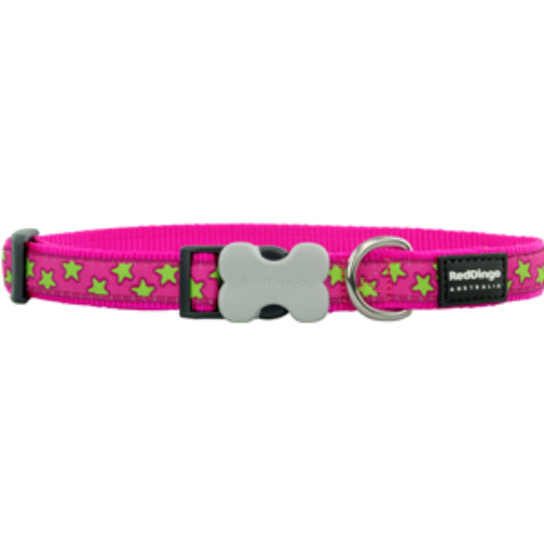 Red Dingo Dog Collar Stars Lime on Hot Pink Large 25mm x 41-63cm