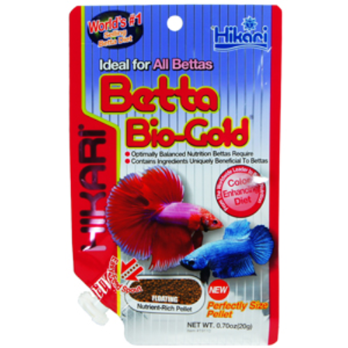 Hikari Betta Bio-Gold fish food packaging with a betta fish illustration on a white background