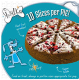 A promotional graphic for a dog cake from 'The LallyDog Creations', showing a round cake sliced into 10 pieces with white frosting and red fruit sprinkles. The background is a bright teal-blue with cartoon graphics of the LallyDog character, text overlays, and product details like '10 Slices per PIE!' and 'Real fruit sprinkles!'.
