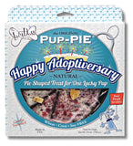 The Lucky Dog 'Pup-Pie' Happy Adoptiversary natural pie-shaped treat for one lucky pup, in its original retail packaging with a blue and white design and a clear window showing the treats inside.