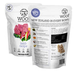 Front and back of WOOF lamb recipe freeze dried dog bites packaging.