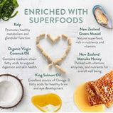 WOOF ingredient graphic showing treats arranged in a heart with kelp, green mussel, coconut, oil and honey.