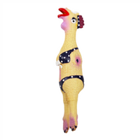 Toy resembling a chicken with a polka dot diaper on a white background