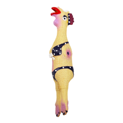Toy resembling a chicken with a polka dot diaper on a white background