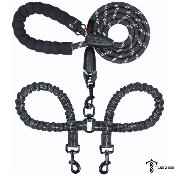 TUGZEE Dual Dog Leash with Shock Absorbing Reflective