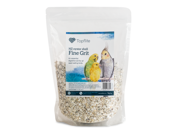 Topflite Grit Fine 1kg A supplement feed for birds. The grit sits in the bird’s crop for a sustained length of time, aiding in the digestion, as well as giving ‘slow release’ calcium thus aiding in the production of good quality shells. Birds self-regulate their own grit intake as they require it.