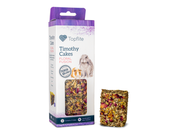 Topflite Timothy Cakes – Rabbit & Guinea Pig Treats  Timothy Cakes Garden Goodness  A perfect parcel of nutritional goodness for your favourite small animal. Small-sized packets solve the mess and soiling problem, while the mix of Timothy Hay grass with dried herbs and vegies provides that all-important fibre. It is a little portion packing a big nutritional punch.