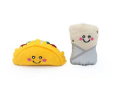 ZippyClaws taco and burrito cat toys 2 pack withcatnip plush on white background.