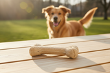 Single Gnawler medium dog chew bone on wooden surface with dog in background