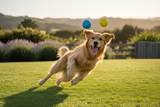 Dog playing with AFP Meta squeeze balls on sunny lawn - active dog toy NZ