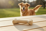 Single Gnawler large dog chew bone on wooden surface with large breed dog in background