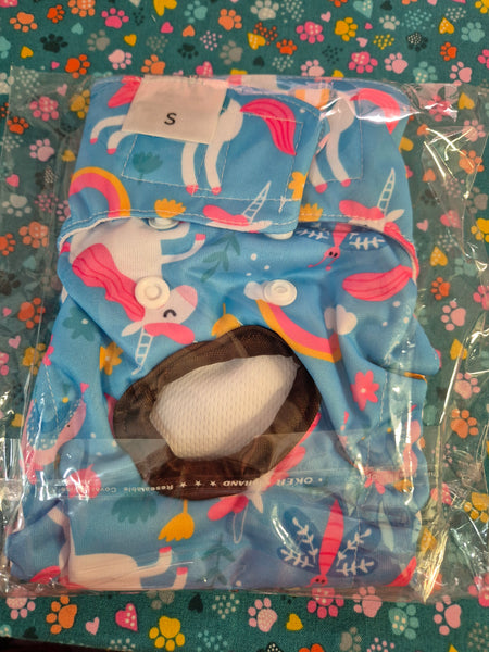 Blue Unicorn Print Reusable Pet Nappy, size S