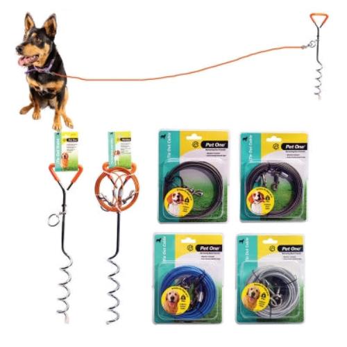 Pet One Tie Out Stakes and Cables allows you to restrain your dog to a specific outdoor location for a short period of time.

Features &amp; Benefits:

Weather resistant
Extra strong swivel &amp; clips
Available in a variety of lengths and cable widths to suit a range of dog sizes and weights. Refer to pack for more details
Easy to clean
Team with Pet One Tie Out Stake