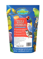VetaFarm Finch & Budgie Crumbles packaging with colorful birds on a blue background