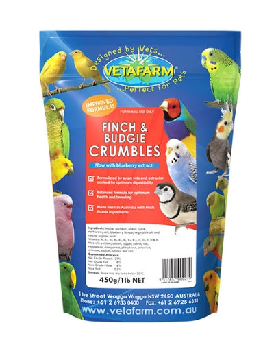 VetaFarm Finch & Budgie Crumbles packaging with colorful birds on a blue background