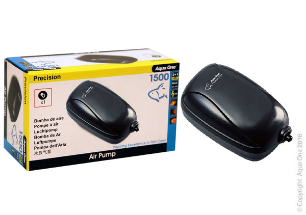 Aqua One Precision 1500 Airpump Single 60L/Hr. Aqua One Precision Air Pumps has defied the odds and become an institution which the aquatic trade refuses to let go of.   Air pumps improve filtration system performance and overall water quality by increasing water flow which helps to eliminate localised build-up of toxic chemicals such as ammonia and nitrite. This makes for happy and healthy inhabitants.