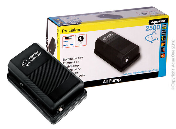 Aqua One Precision 2500 Airpump Single 160 L/hr  Aqua One Precision Air Pumps has defied the odds and become an institution which the aquatic trade refuses to let go of.   Air pumps improve filtration system performance and overall water quality by increasing water flow which helps to eliminate localised build-up of toxic chemicals such as ammonia and nitrite. This makes for happy and healthy inhabitants.