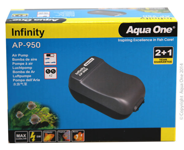 Aqua One Infinity Air Pump AP950  Aqua One Infinity Airpumps assist in aerating your aquarium with a powerful, circulating air flow.  Infinity Airpumps are energy efficient and include everything you need to maintain adequate oxygen and water movement within your aquarium.