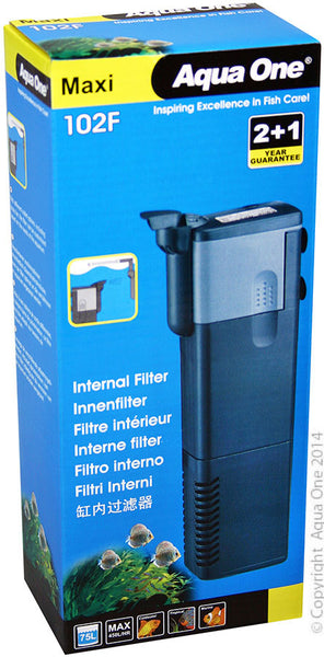 Aqua One 102F Maxi Internal Filter 450  Features & Benefits:  Proven reliability and silent running Completely submersible sealed motor, economical to run Provides mechanical and biological filtration with high quality foam as media Built in venturi aeration nozzle Complete with suction cups for fixing to the side of the aquarium