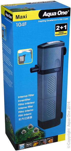 Aqua One 104F Maxi Internal Filter 1480  Features & Benefits:  Proven reliability and silent running Completely submersible sealed motor, economical to run Provides mechanical and biological filtration with high quality foam as media Built in venturi aeration nozzle Complete with suction cups for fixing to the side of the aquarium