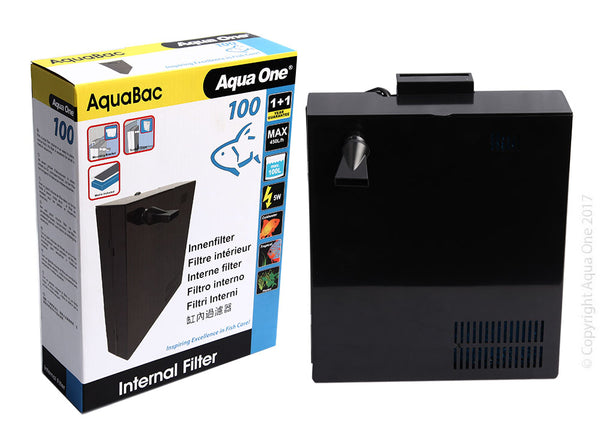 Aqua One AquaBac 60 Internal Back Filter 200/hr  The Aqua One AquaBac is a low profile internal filter for freshwater aquariums and provides a combination of biological, mechanical and chemical filtration.  With a large filter volume in an easy to place, narrow body, the filter is excellent for small to medium aquariums.