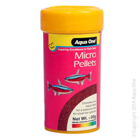 Aqua One - Micro Pellet - 30g  Aqua One Fish Food provides your fish with a naturally composed diet that will maintain energy levels, boost their immune system and enhance their natural colours. Containing essential nutrients that are easily digestible, Aqua One Fish Food is suitable for daily use.  Aqua One Micro Pellets are intended for the daily feeding of all small top and mid-water feeding tropical fish.