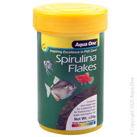 Aqua One Spirulina Flake 24g. Aqua One Fish Food provides your fish with a naturally composed diet that will maintain energy levels, boost their immune system and enhance their natural colours. Containing essential nutrients that are easily digestible, Aqua One Fish Food is suitable for daily use.