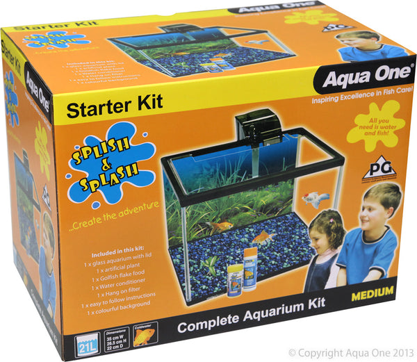 Splish & Splash Starter Kit Medium 21L Glass. Aqua One Splish & Splash Aquariums is the perfect first aquarium!  Each kit includes:  Glass aquarium with plastic base and lid Aqua One hang on filter Aqua One water conditioner Aqua One fish food Aqua One coloured gravel Aqua One artificial plant Easy to follow instructions Maintenance calendar sticker pack