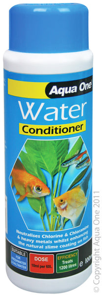 Aqua One Water Conditioner 100ml. Aqua One Water Conditioner is essential when filling water into your aquarium for the first time or when changing water in an existing aquarium.