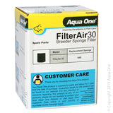Aqua One Filter Air 30 Air Filter. Aqua One FilterAir is a simple sponge filter filtration system that is easy to use. The sponge filter assists in the breakdown of harmful waste, providing a healthy environment for your aquarium inhabitants. Low flow filters are ideal for fish that are sensitive to high flow and assists in keeping fry, shrimp or vulnerable fish safe when unable to withstand a standard filter intake.