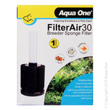 Aqua One Filter Air 30 Air Filter. Aqua One FilterAir is a simple sponge filter filtration system that is easy to use. The sponge filter assists in the breakdown of harmful waste, providing a healthy environment for your aquarium inhabitants. Low flow filters are ideal for fish that are sensitive to high flow and assists in keeping fry, shrimp or vulnerable fish safe when unable to withstand a standard filter intake.