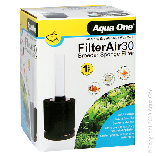 Aqua One Filter Air 30 Air Filter. Aqua One FilterAir is a simple sponge filter filtration system that is easy to use. The sponge filter assists in the breakdown of harmful waste, providing a healthy environment for your aquarium inhabitants.   Low flow filters are ideal for fish that are sensitive to high flow and assists in keeping fry, shrimp or vulnerable fish safe when unable to withstand a standard filter intake.
