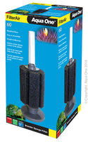 Aqua One Filter Air 60 Air Filter. Aqua One FilterAir is a simple sponge filter filtration system that is easy to use. The sponge filter assists in the breakdown of harmful waste, providing a healthy environment for your aquarium inhabitants. Low flow filters are ideal for fish that are sensitive to high flow and assists in keeping fry, shrimp or vulnerable fish safe when unable to withstand a standard filter intake.