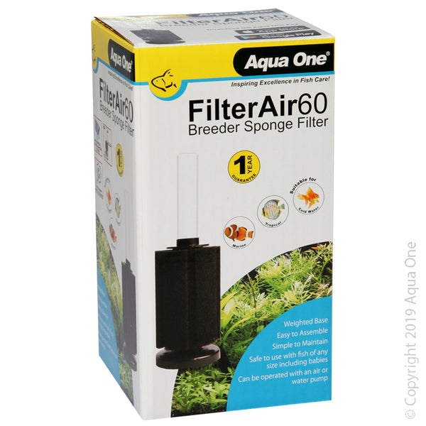 Aqua One Filter Air 60 Air Filter. Aqua One FilterAir is a simple sponge filter filtration system that is easy to use. The sponge filter assists in the breakdown of harmful waste, providing a healthy environment for your aquarium inhabitants.   Low flow filters are ideal for fish that are sensitive to high flow and assists in keeping fry, shrimp or vulnerable fish safe when unable to withstand a standard filter intake.