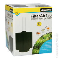 Aqua One Filter Air 136 Air Filter. Aqua One FilterAir is a simple sponge filter filtration system that is easy to use. The sponge filter assists in the breakdown of harmful waste, providing a healthy environment for your aquarium inhabitants.   Low flow filters are ideal for fish that are sensitive to high flow and assists in keeping fry, shrimp or vulnerable fish safe when unable to withstand a standard filter intake.