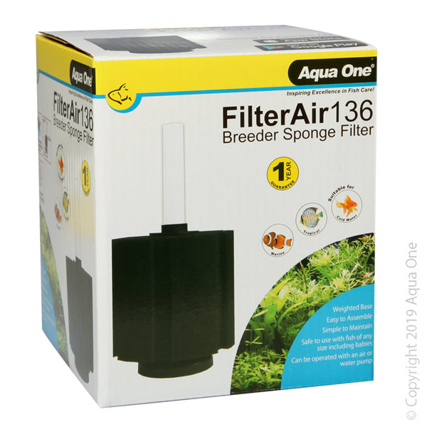 Aqua One Filter Air 136 Air Filter. Aqua One FilterAir is a simple sponge filter filtration system that is easy to use. The sponge filter assists in the breakdown of harmful waste, providing a healthy environment for your aquarium inhabitants.   Low flow filters are ideal for fish that are sensitive to high flow and assists in keeping fry, shrimp or vulnerable fish safe when unable to withstand a standard filter intake.