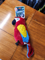 Gigwi Tropicana Dog Toy - Red Parrot  GiGwi Tropicana Plush toys are ideal to fetch, snuggle, or chew. The soft toy retains your pet’s scent to keep him coming back to it again and again. Cute, soft and cuddly. Featuring the charming design and made from quality, nontoxic materials and tough TPR rubber wings. Once playtime’s over, your dog will cuddle up with its new friend to recharge with a nap.