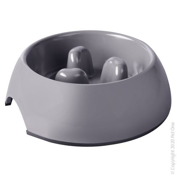 Pet One Melamine Bowl - Round Slow Down Feeder 300ml Light Grey  Feeding time is made simple with Pet One Melamine Dog Bowls; with anti skid base, high quality melamine and removable stainless steel bowl, this bowl is certain to last for years!  With a variety of shapes and sizes you are sure to find the right bowl for your furry friend!