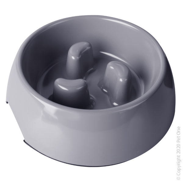 Pet One Melamine Bowl - Round Slow Down Feeder 1200ml Light Grey  Feeding time is made simple with Pet One Melamine Dog Bowls; with anti skid base, high quality melamine and removable stainless steel bowl, this bowl is certain to last for years!  With a variety of shapes and sizes you are sure to find the right bowl for your furry friend!