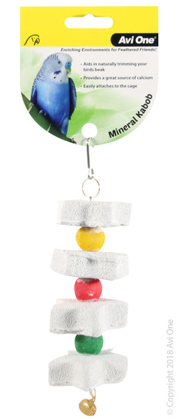 Bird Toy Mineral Star Kabob 15x7x7cm. Avi One Mineral Kabob provides a source of minerals to supplement your bird’s dietary needs for optimal health. Mineral Kabobs easily attaches to cage securely with durable metal clip.  Features & Benefits:  Aids in naturally trimming your birds beak