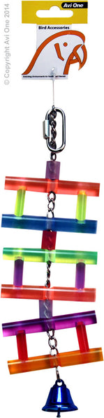 Bird Toy Acrylic Ladder with Bell. Avi One Bird Toys are designed to provide enrichment and entertainment for your avian pet. Providing environmental enrichment for your pet bird enhances their quality of life, instincts and overall health and wellbeing.  Create different activities for your bird by introducing a variety of toys and accessories such as bells, mirrors, ladders and swinging perches.