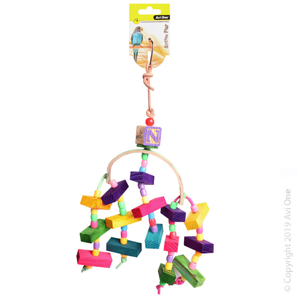 Bird Toy Arc With Wooden Blocks And Beads 34Cm. Avi One Bird Toys are designed to provide enrichment and entertainment for your avian pet. Providing environmental enrichment for your pet bird enhances their quality of life, instincts and overall health and wellbeing.  Create different activities for your bird by introducing a variety of toys and accessories such as bells, mirrors, ladders and swinging perches.