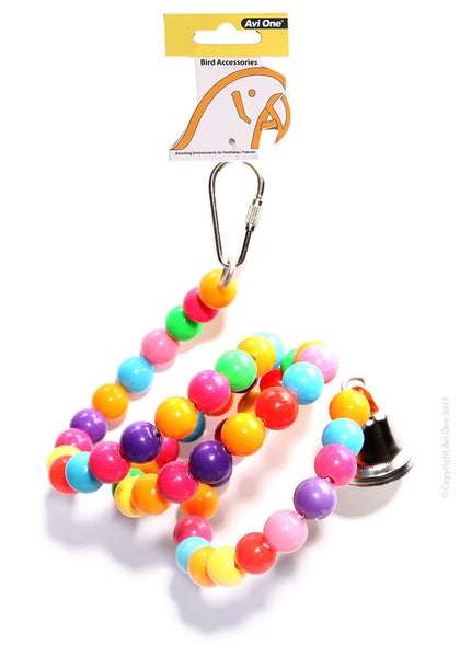 Avi One Parrot Toy - Coloured Beads Twister Bell 67cm. Avi One Bird Toys are designed to provide enrichment and entertainment for your avian pet. Providing environmental enrichment for your pet bird enhances their quality of life, instincts and overall health and wellbeing.