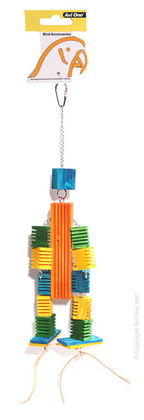 Bird Toy Leather Rope Coloured Wood Block Robot 46cm. Bird toys encourage exercise and enrichment to keep your bird mentally stimulated Playtime can decrease stress and boredom and provide a sense of independence in your bird Fun and colourful design will look great in any cage Provides endless hours of enjoyment for you and your bird Easily attaches to your birds cage Durable bird safe construction