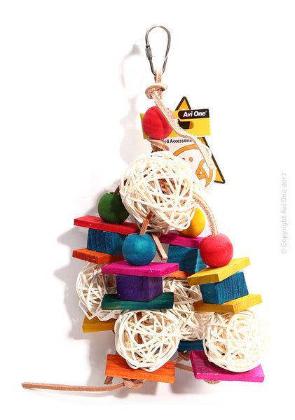 Bird Toy Leather Rope with Rattan Ball and Coloured Wood Block 35CM. Avi One Bird Toys are designed to provide enrichment and entertainment for your avian pet. Providing environmental enrichment for your pet bird enhances their quality of life, instincts and overall health and wellbeing.