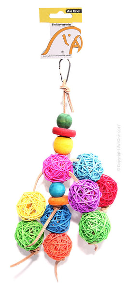 Bird Toy - Leather Rope with Coloured Rattan Ball 30CM. Avi One Bird Toys are designed to provide enrichment and entertainment for your avian pet. Providing environmental enrichment for your pet bird enhances their quality of life, instincts and overall health and wellbeing.